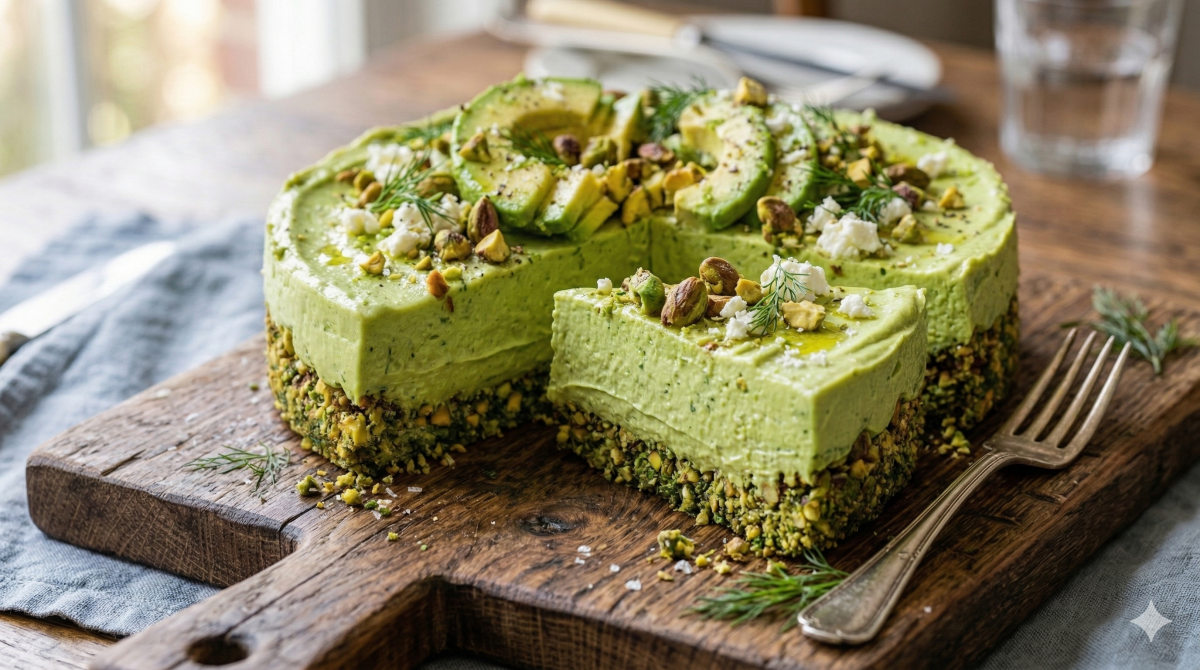 Une photo en gros plan d'un cheesecake cru à l'avocat et aux pistaches, présenté sur une planche à découper en bois rustique. Une tranche a été retirée pour révéler les couches : une croûte de pistaches vert foncé et une garniture crémeuse d'avocat vert pâle. Le dessus du gâteau est décoré de tranches d'avocat mûr, de pistaches entières et concassées, de fromage feta émietté, d'aneth frais et d'un filet d'huile d'olive. À côté, se trouvent une fourchette en argent et une serviette en lin, avec un verre d'eau flou en arrière-plan.