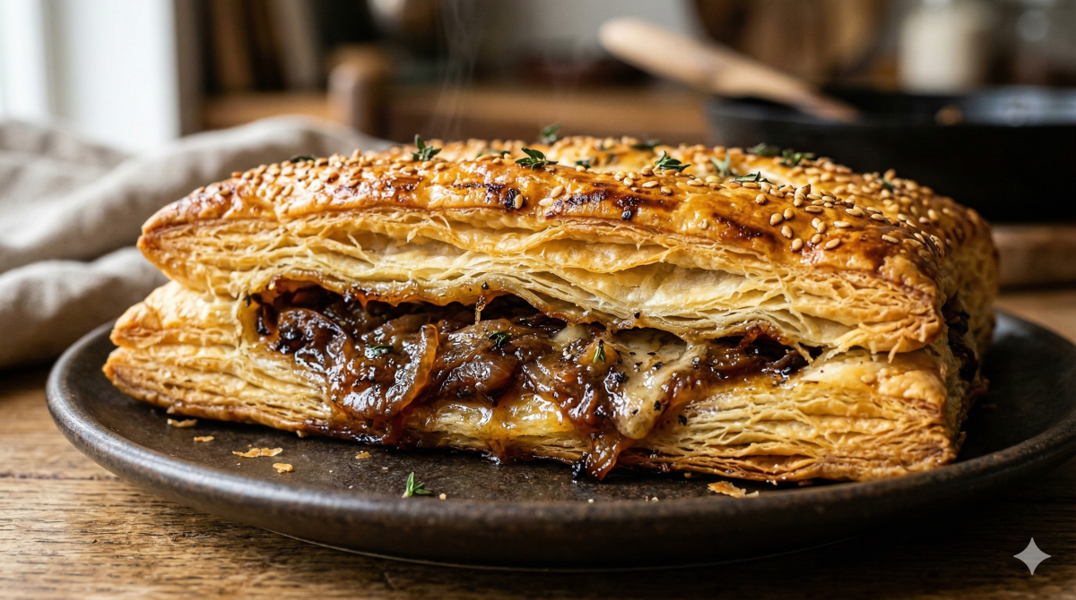 Ce feuilleté aux oignons transforme un simple dîner en pur moment de gourmandise