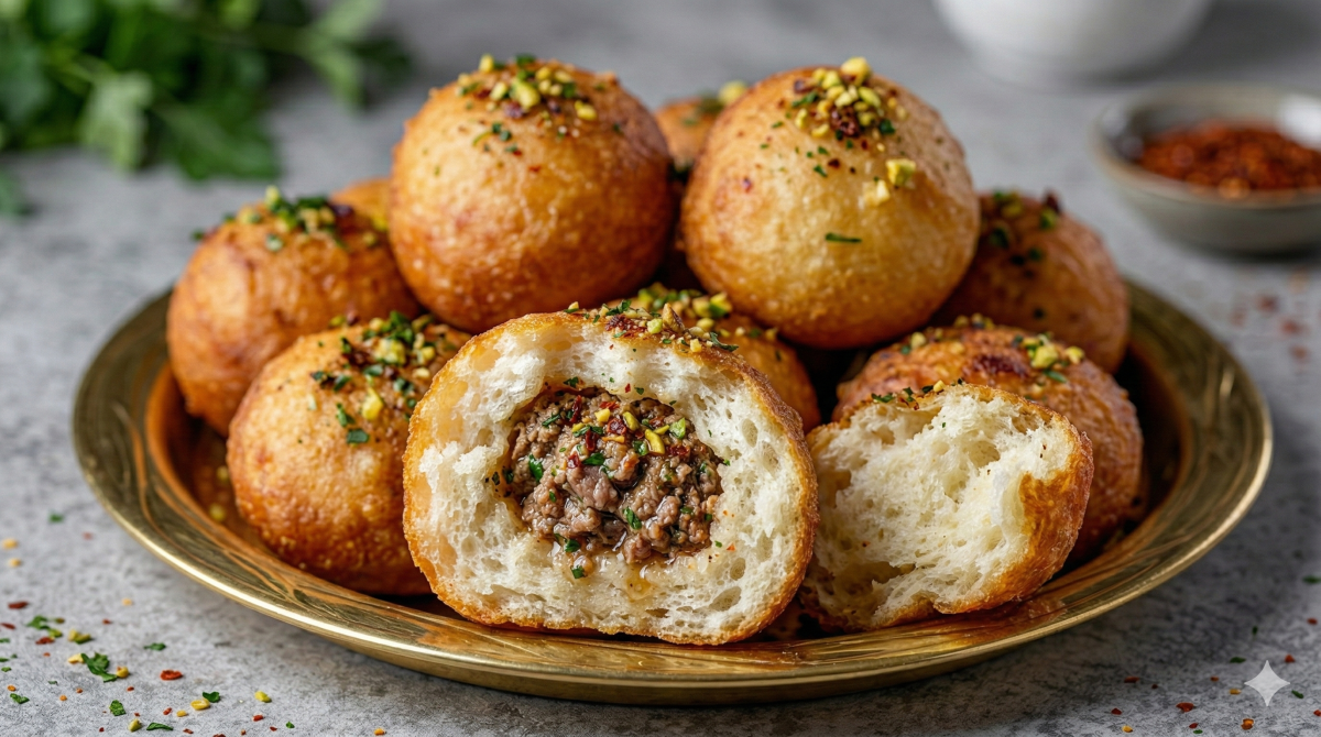 Gros plan sur une pile de boules de pâte frites dorées (beignets de pain salés) servies sur une assiette en laiton texturée. La boule centrale est ouverte en deux, exposant une riche farce à base de viande hachée (agneau ou bœuf) mélangée à des herbes. Toutes les boules sont généreusement saupoudrées de pistaches concassées vert vif et de flocons de piment rouge. Le fond flou montre des herbes fraîches et un petit bol de piment sur un comptoir gris.