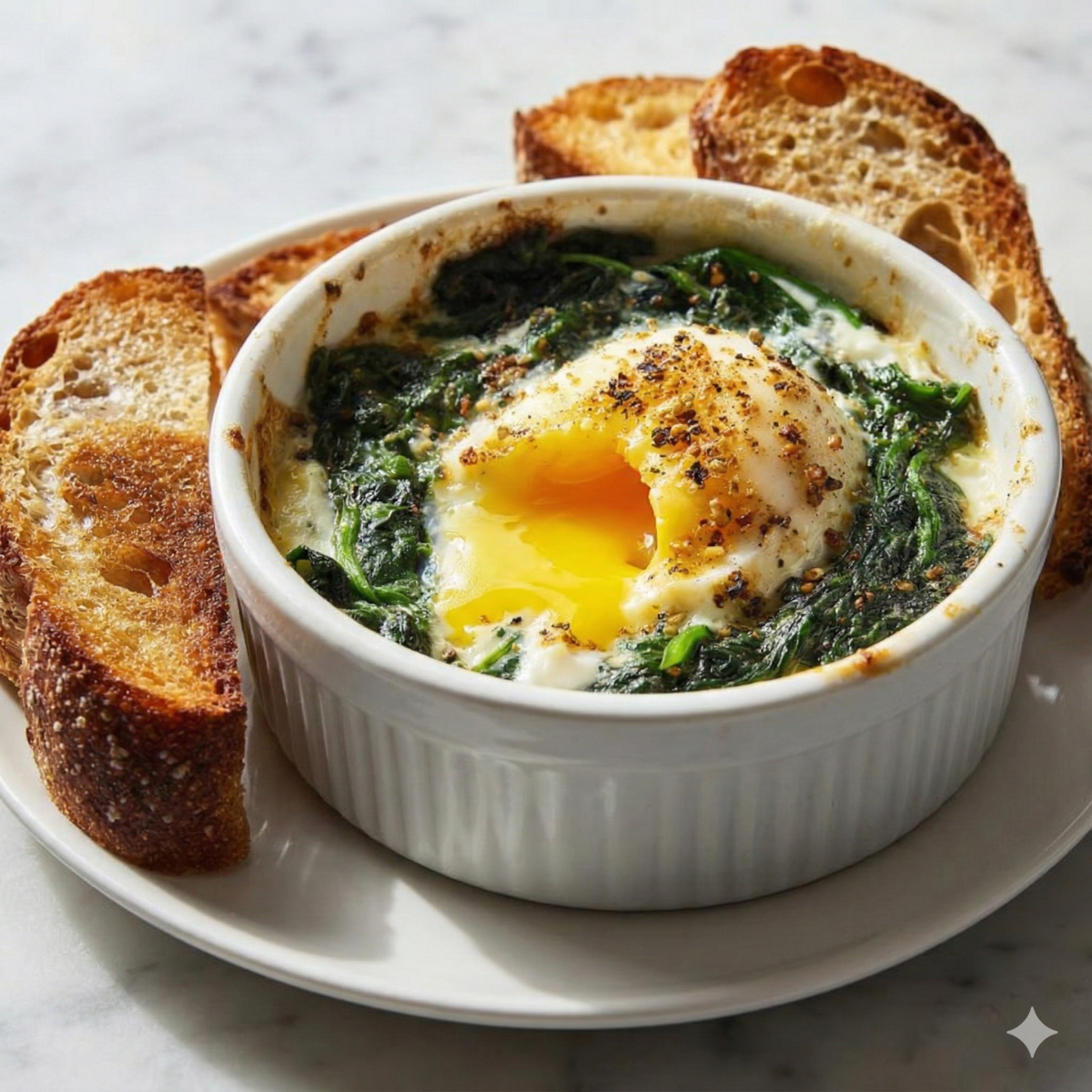 Un œuf cocotte servi dans un ramequin blanc flûté sur une petite assiette blanche. L'œuf, cuit sur un lit d'épinards verts flétris, a un jaune coulant jaune vif qui s'écoule, saupoudré de poivre grossier et d'épices. Trois tranches de pain au levain grillé et croustillant entourent le ramequin sur une surface en marbre.