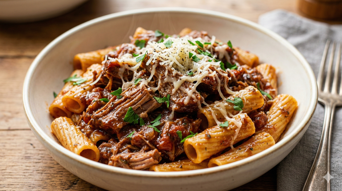 Un plan rapproché détaillé et appétissant d'un bol en céramique beige rempli d'une généreuse portion de macaronade. Des pâtes rigatoni sont nappées d'un ragoût de porc braisé effiloché succulent et riche en sauce tomate rouge-brune. La viande effilochée est tendre et juteuse, mélangée aux pâtes. Le plat est généreusement garni d'une pluie de fromage râpé fondant (comme du parmesan) et de persil frais haché. La lumière naturelle fait briller la sauce et le fromage. Le bol repose sur une table en bois rustique, avec une fourchette argentée et une serviette en tissu gris floues en arrière-plan.