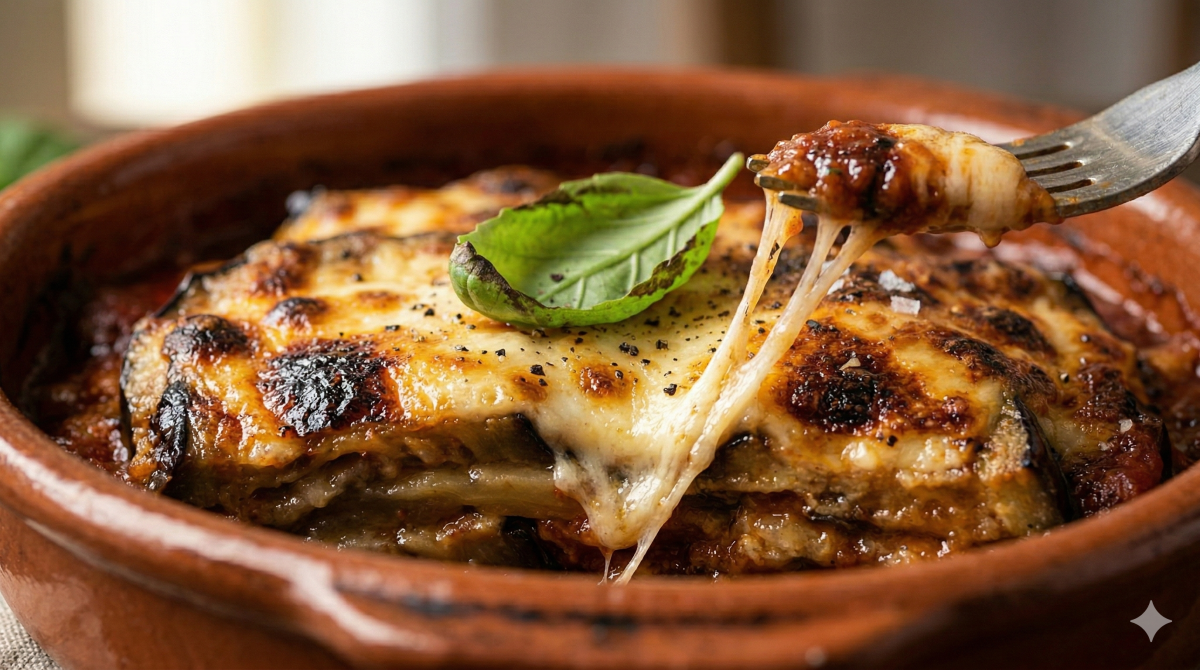 Une prise de vue en contre-plongée, à hauteur d'œil et en très gros plan d'une portion d'aubergines parmigiana superposées dans un plat en terre cuite rustique. L'angle de vue est horizontal par rapport au bord du plat, regardant à travers la surface gratinée. Une fourchette en métal, tenue à mi-hauteur à droite, vient de soulever une portion, créant un filament spectaculaire, visqueux et brillant de mozzarella fondue qui s'étire en diagonale à travers le cadre, reliant la surface de la parmigiana à la dent de la fourchette. La surface caramélisée et légèrement carbonisée de mozzarella et de parmesan est parsemée de gros sel marin et de flocons de poivre noir grossier. La grande feuille de basilic frais avec des veines détaillées est positionnée au centre sur la surface principale. L'arrière-plan est un bokeh doux d'une table en bois rustique et d'une serviette en lin pliée, sous un éclairage latéral naturel et chaud provenant d'une fenêtre hors cadre. Le rebord du plat en terre cuite encadre les bords inférieur et gauche.