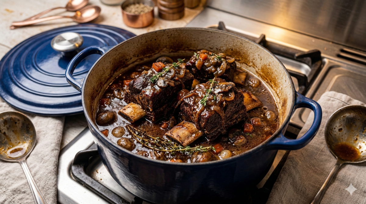 Une prise de vue détaillée et appétissante en plongée modérée d'une cocotte en fonte émaillée de couleur bleu profond remplie d'un ragoût de côtes courtes de bœuf braisées. Les morceaux de viande tendres, avec leurs os exposés, sont braisés dans une riche sauce sombre avec des champignons entiers, des échalotes entières et de petits morceaux de carottes. Quelques brins de thym frais sont posés sur le dessus. Le couvercle bleu retiré de la cocotte est posé sur une serviette en lin gris-brun à gauche. De chaque côté de la cocotte, une louche à sauce argentée est posée sur la serviette. L'arrière-plan, sur un plan de travail en bois près d'une cuisinière à gaz, montre des cuillères à mesurer en cuivre, des moulins à épices en bois et un bol d'herbes et d'épices séchées. La scène évoque un repas réconfortant fait maison, prêt à être servi.