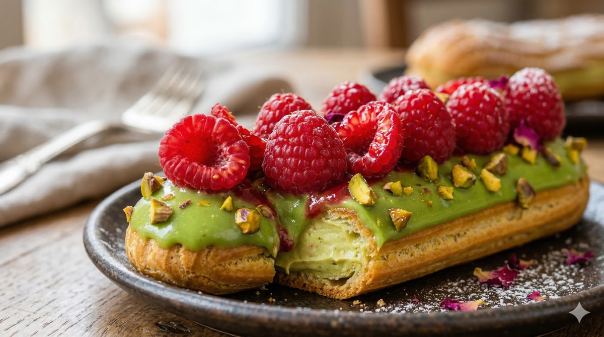 Éclair à la pistache et aux framboises : un dessert délicat entre douceur et fraîcheur
