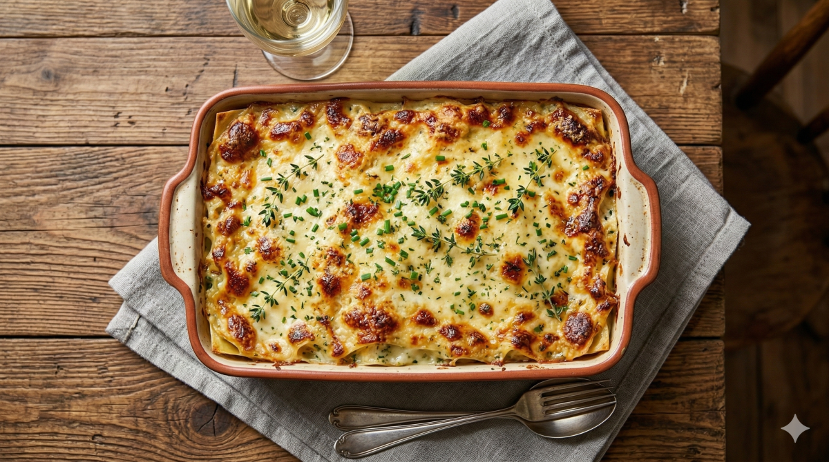 Une vue de dessus (flat-lay) détaillée d'un plat de cuisson rectangulaire en céramique contenant une lasagne de poireaux et de crème Boursin, dorée et bouillonnante. La lasagne est recouverte d'un gratin de fromage fondu doré et caramélisé, généreusement parsemé de brins de thym frais et de ciboulette hachée. On voit des couches de pâtes à lasagne et une farce crémeuse ivoire avec des morceaux de poireaux verts visibles. Le plat repose sur une serviette en lin gris pliée, posée sur une table en bois rustique. À côté du plat, un verre à pied rempli de vin blanc et une fourchette et une cuillère en argent sont disposés. L'éclairage est naturel, doux et chaud.