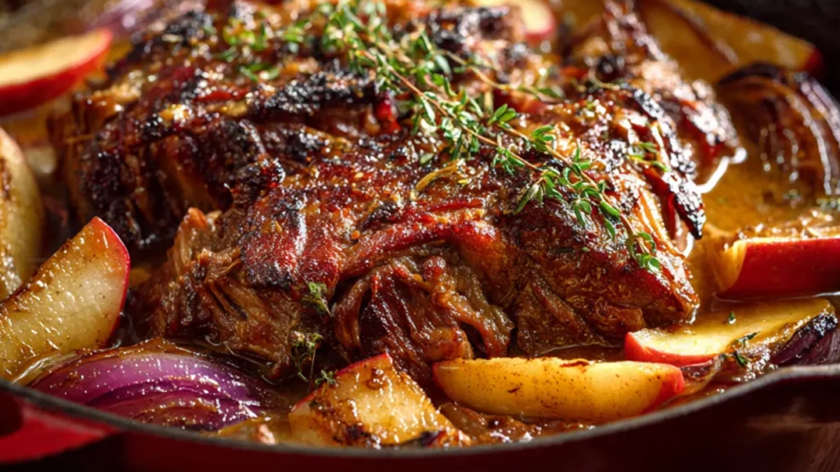 Épaule de porc braisée au cidre de pomme : une recette fondante et longuement mijotée