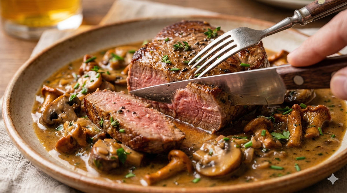 Une photographie culinaire en gros plan montre des mains utilisant un couteau et une fourchette pour couper un épais steak grillé à point. Le steak, à l'intérieur rosé, repose dans une riche sauce brune aux champignons sautés (girolles et champignons de Paris) et est garni d'herbes fraîches. Le repas est servi dans une assiette en céramique texturée sur une table en bois rustique, avec un verre de boisson dorée flou en arrière-plan.