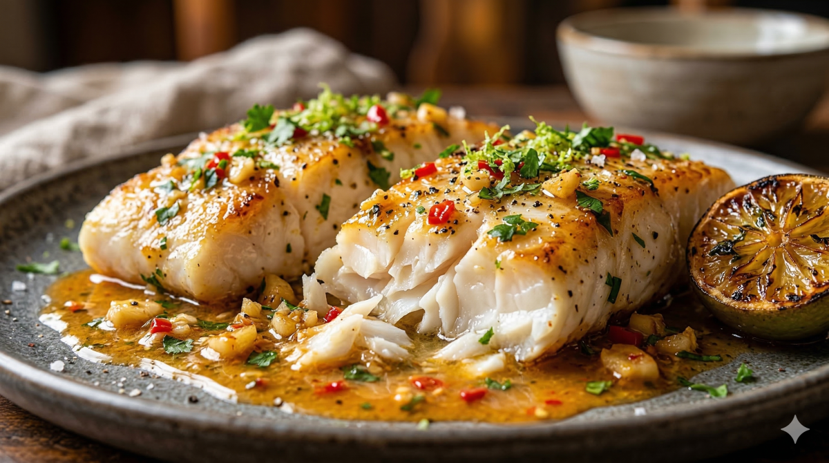 Filets de cabillaud au beurre d’ail, sauce douce chili et citron vert : une recette parfumée