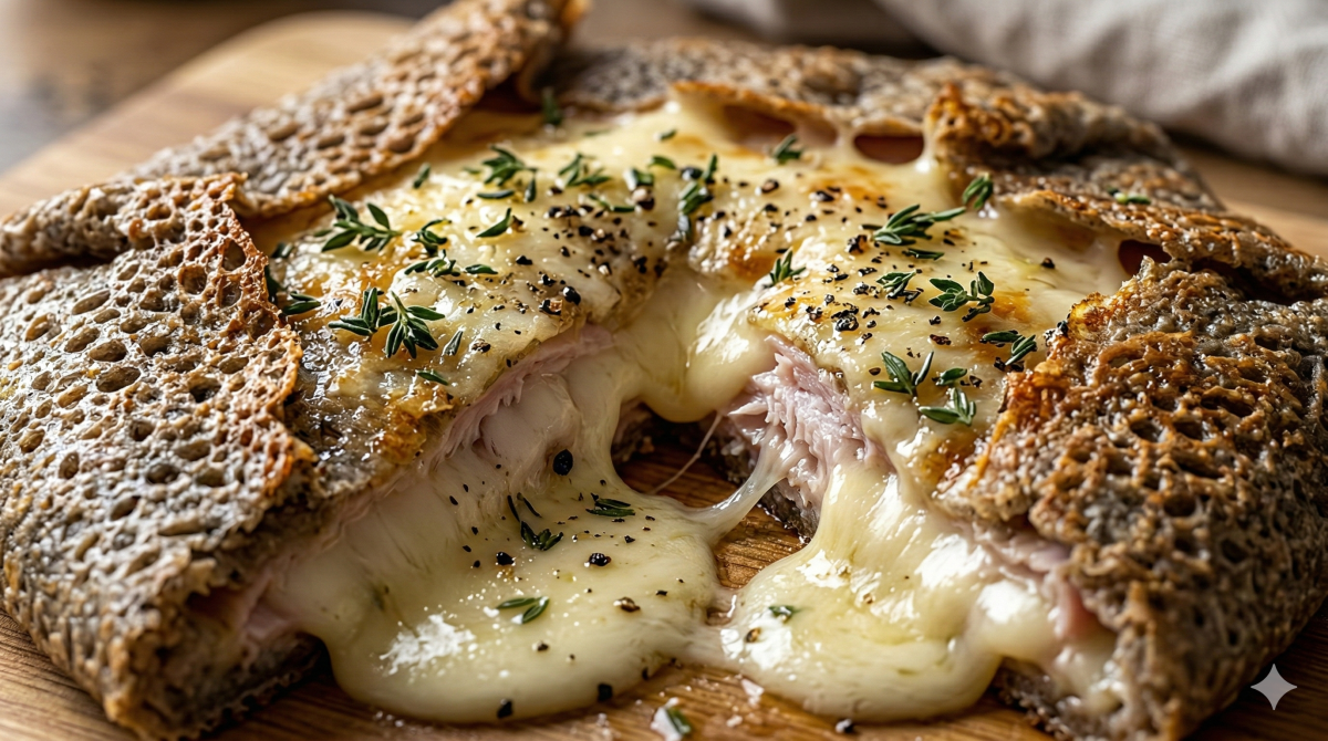 Un plan rapproché appétissant d'une galette de sarrasin bretonne traditionnelle coupée en deux sur une planche à découper en bois. La galette présente une croûte de sarrasin distinctement texturée et alvéolée. L'intérieur est généreusement rempli de fromage de couleur crème fondu, dégoulinant et filandreux, et de tranches de jambon. Du poivre noir concassé et des brins de thym frais sont dispersés sur la surface du fromage. L'arrière-plan comprend un linge et une surface boisée dans une ambiance chaleureuse.