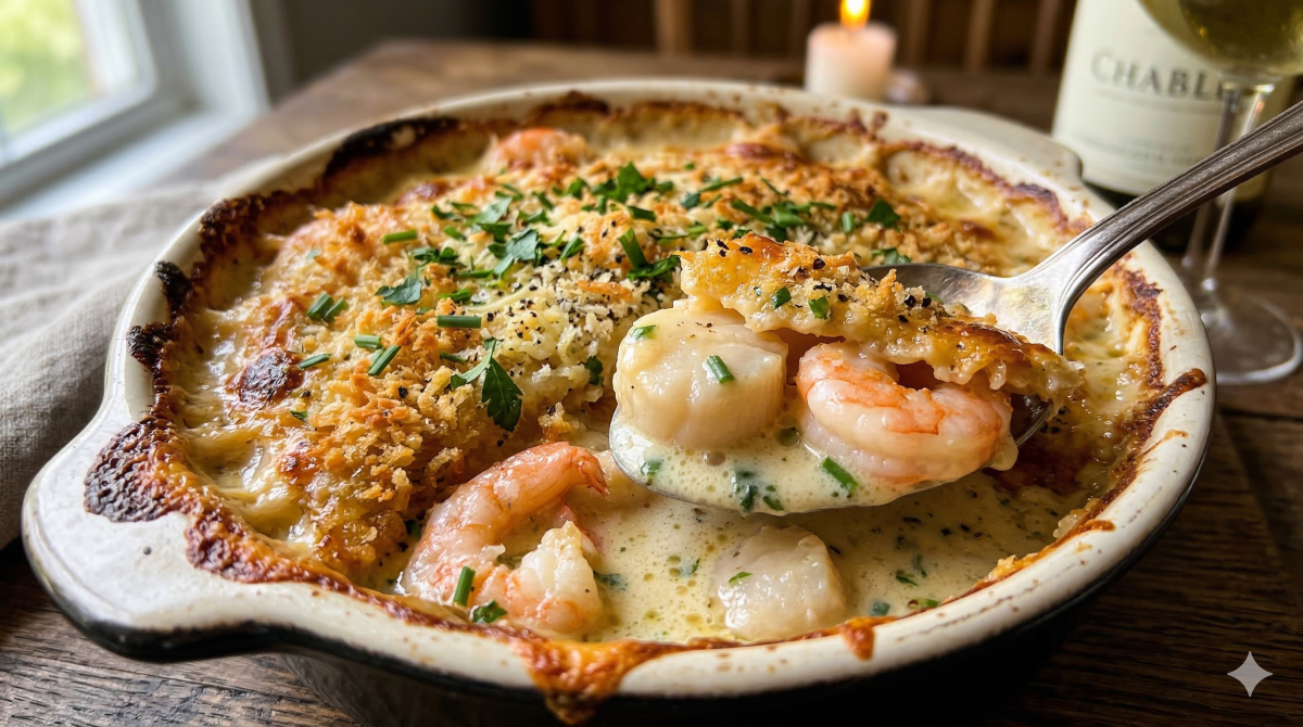 Gratin de noix de Saint-Jacques et crevettes : une recette crémeuse et raffinée au four
