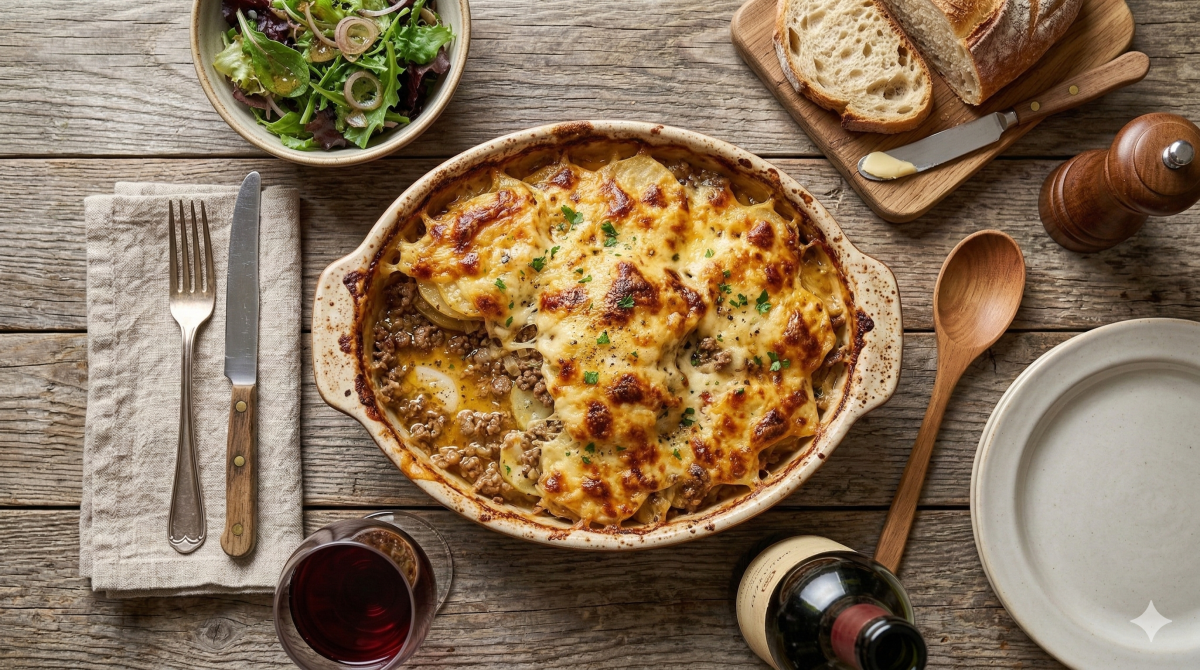 Vue de dessus d'un repas de gratin réconfortant servi sur une table en bois rustique. Au centre, un plat de cuisson ovale contient un gratin doré au fromage fondu sur des couches de pommes de terre tranchées et de viande hachée. Autour du plat principal sont disposés plusieurs accompagnements : en haut à gauche, un bol de salade verte mélangée ; en haut à droite, une planche à découper avec du pain de campagne tranché, du beurre et un couteau. À droite, un moulin à poivre en bois, une cuillère en bois et une assiette plate vide. En bas, une bouteille de vin rouge ouverte et un verre de vin rouge rempli. À gauche, une serviette en lin avec une fourchette et un couteau vintage à manches en bois. La scène évoque un repas de famille chaleureux.