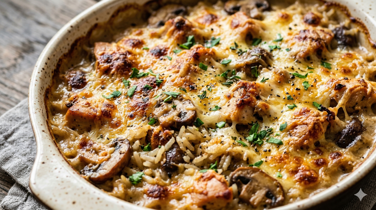 Gratin de riz au poulet et champignons doré au four : le dîner simple et savoureux