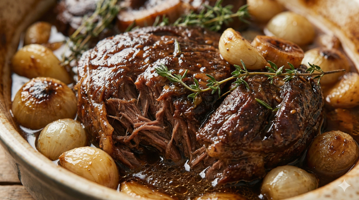 Jarret de bœuf confit en casserole à l’ail et aux oignons caramélisés : une recette généreuse et savoureuse