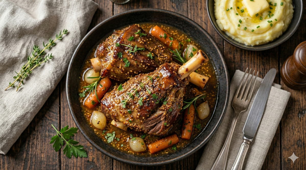 Une photographie culinaire prise en vue de dessus, montrant un plat de jarrets d'agneau braisés et mijotés servis dans un bol en céramique sombre sur une table en bois rustique. Le bol contient deux gros jarrets d'agneau nappés d'une sauce brune riche, garnies d'herbes vertes fraîches hachées (thym et persil), et entourés de petites carottes glacées et d'oignons grelots (oignons nacrés). Le bol est posé sur une table en bois texturé. À droite, un bol plus petit contient de la purée de pommes de terre crémeuse, surmontée d'un morceau de beurre fondu et de ciboulette ciselée. À côté, un moulin à poivre en bois et un ensemble de couverts vintage (fourchette et couteau) posés sur une serviette en lin Froissée. En haut à gauche, un bouquet d'herbes fraîches (thym et persil) et une autre serviette en lin froissée complètent la scène. L'éclairage naturel doux crée une ambiance chaleureuse et réconfortante.