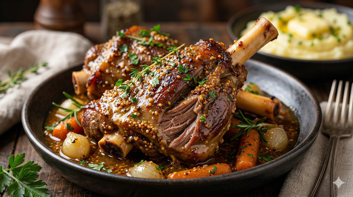 La recette de jarrets d’agneau braisés à la moutarde : un délice fondant et relevé qui embaume toute la cuisine