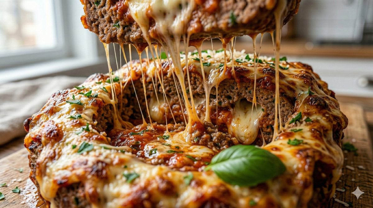 Gros plan alléchant d'un pain de viande rond, gratiné au fromage fondant bouillonnant et parsemé d'herbes fraîches, sur une planche à découper en bois. Une portion est soulevée, montrant un cheese pull spectaculaire et révélant un cœur riche de sauce tomate et de fromage fondant. Du basilic frais garnit le devant. En arrière-plan flou, on voit une fenêtre et une cuisine.