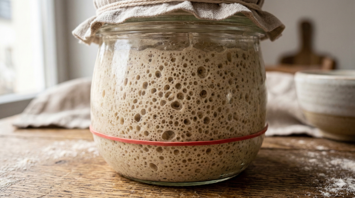 Un bocal en verre transparent rempli de levain naturel fermenté et à bulles, posé sur une surface en bois rustique. Le goulot du bocal est recouvert de son couvercle en verre d'origine, lui-même recouvert d'un tissu en lin beige maintenu par une ficelle. Une bande élastique rouge est enroulée autour de la base pour marquer le niveau du mélange. L'arrière-plan flou montre des torchons en lin et un bol en céramique.