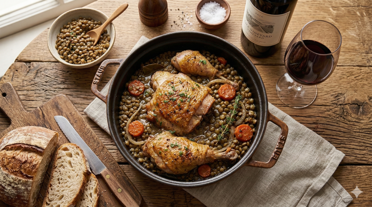 Une vue de dessus d'une cocotte en fonte Staub remplie de cuisses de poulet rôti dorées au-dessus d'un lit de lentilles vertes mijotées avec des carottes, des oignons et une feuille de laurier. Le poulet est garni de persil et de poivre noir concassé. La cocotte repose sur un torchon en lin gris sur une table en bois rustique. À gauche, une planche à découper en bois avec une miche de pain au levain partiellement tranchée et un couteau à pain. En arrière-plan, des moulins à sel et à poivre, un petit bol de lentilles avec une cuillère en bois, du gros sel éparpillé, un verre de vin rouge rempli et une bouteille de vin rouge "THE VINEYARD" avec une étiquette de paysage. La lumière naturelle est douce et invitante.