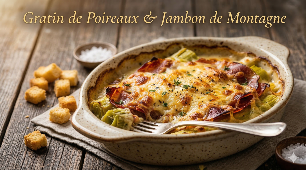 Gros plan d'un gratin de poireaux et jambon de montagne cuit dans un plat en céramique rustique moucheté. Le fromage Comté fondu est doré et croustillant, parsemé de morceaux de jambon grillé et de thym frais. Le plat repose sur une table en bois usée, avec des croûtons dorés et du poivre concassé à proximité. Un titre manuscrit doré au-dessus du plat lit : 'Gratin de Poireaux & Jambon de Montagne'.