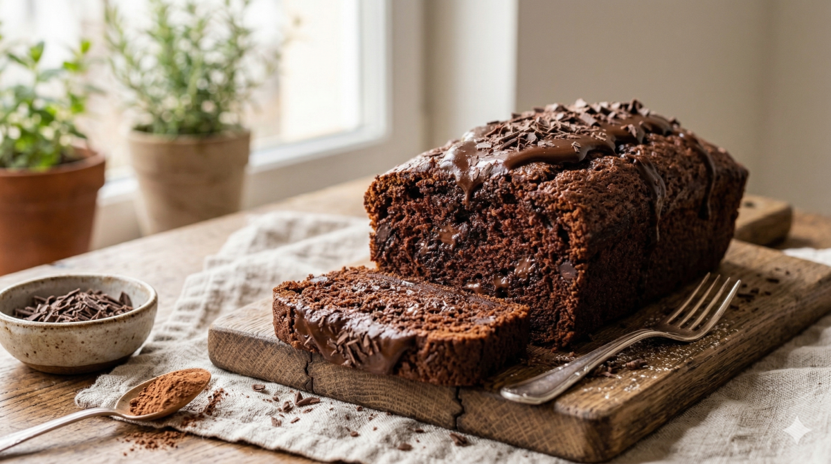 Une photographie gourmande d'un riche cake au chocolat nappé d'un glaçage brillant et de copeaux de chocolat noir. Le cake entier et une tranche coupée reposent sur une planche à découper en bois rustique et un torchon en lin froissé. À gauche, un petit bol de copeaux de chocolat et une cuillère remplie de poudre de cacao sont disposés. À droite, une fourchette en argent est posée. L'arrière-plan montre une fenêtre lumineuse avec des plantes en pot floues sur le rebord.