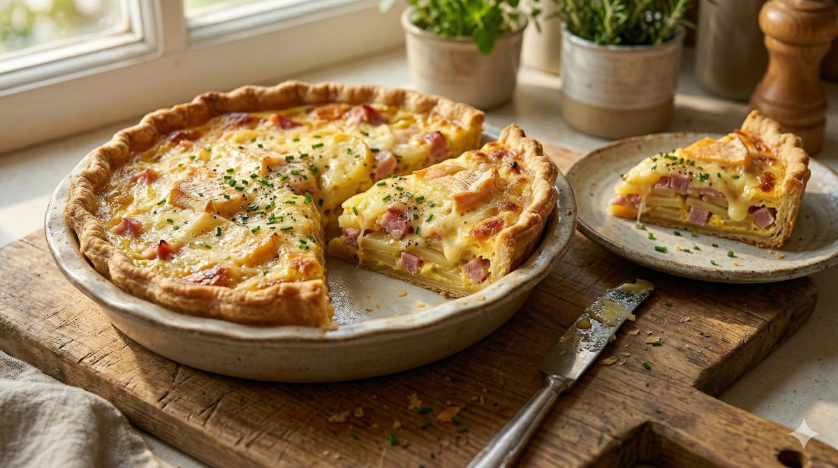 Une photo appétissante en lumière naturelle montre une quiche rustique entière dans un plat en céramique, posée sur une planche à découper en bois. La quiche a une croûte dorée et floconneuse, et est garnie de tranches de pommes de terre, de dés de jambon, de fromage fondant, de ciboulette fraîche et de poivre noir. Une large part est coupée de la quiche principale, et une part plus petite est présentée sur une assiette séparée à droite, montrant les couches d'ingrédients. Un couteau sale repose près du plat. En arrière-plan, près d'une fenêtre ensoleillée, se trouvent des herbes en pot (romarin et thym) et un moulin à poivre.