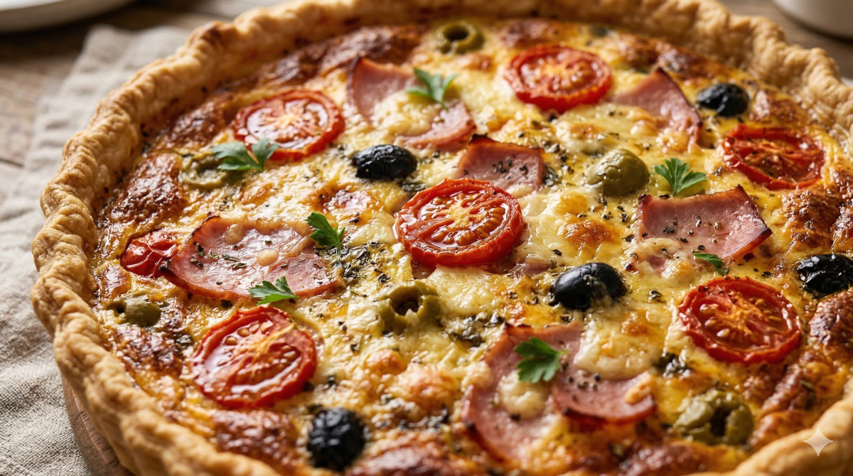 Quiche jambon, fromage, tomate et olives : une recette simple et savoureuse au four
