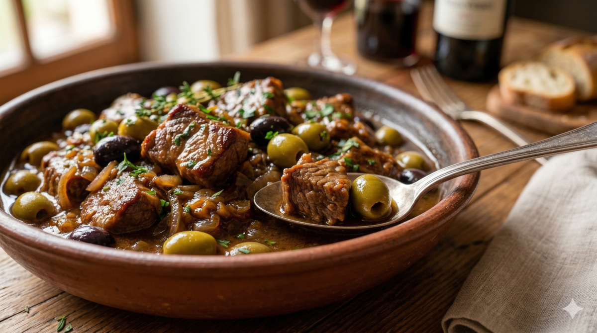 Un gros plan d'un bol en terre cuite rustique rempli d'un ragoût de bœuf braisé riche. Le plat contient des cubes de bœuf tendres, des olives vertes dénoyautées, des olives noires, des oignons caramélisés et est garni d'herbes fraîches (thym et persil). Une cuillère en argent s'apprête à prélever un morceau de viande et une olive. L'arrière-plan montre une table en bois, du vin rouge et du pain.