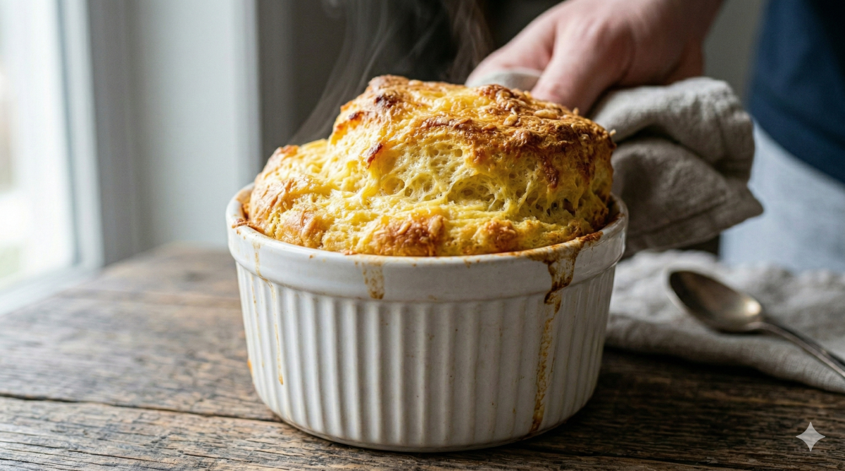 Un gros plan d'un soufflé au Comté magnifiquement levé, cuit dans un ramequin en céramique blanche cannelée. Le soufflé est doré, avec une texture aérée et croustillante. Une main, tenant une serviette en lin Froissée, présente le ramequin. De la vapeur s'échappe du soufflé chaud, fraîchement sorti du four. Il repose sur une table en bois rustique, à côté d'une fenêtre floue et d'une cuillère en argent.