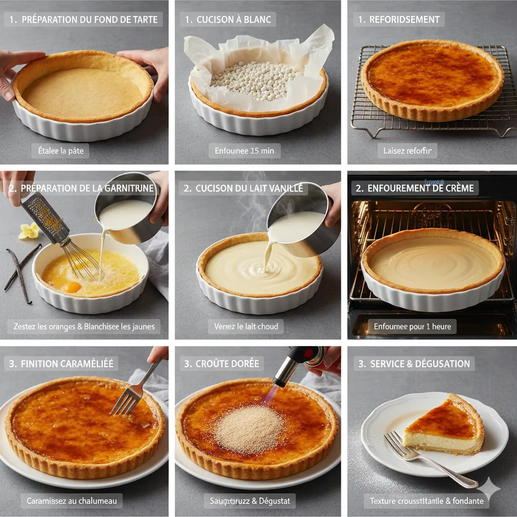 Découvrez la tarte crème brûlée vanillée, une recette gourmande et raffinée avec une crème onctueuse et une fine couche caramélisée. Parfaite pour un dessert élégant.
