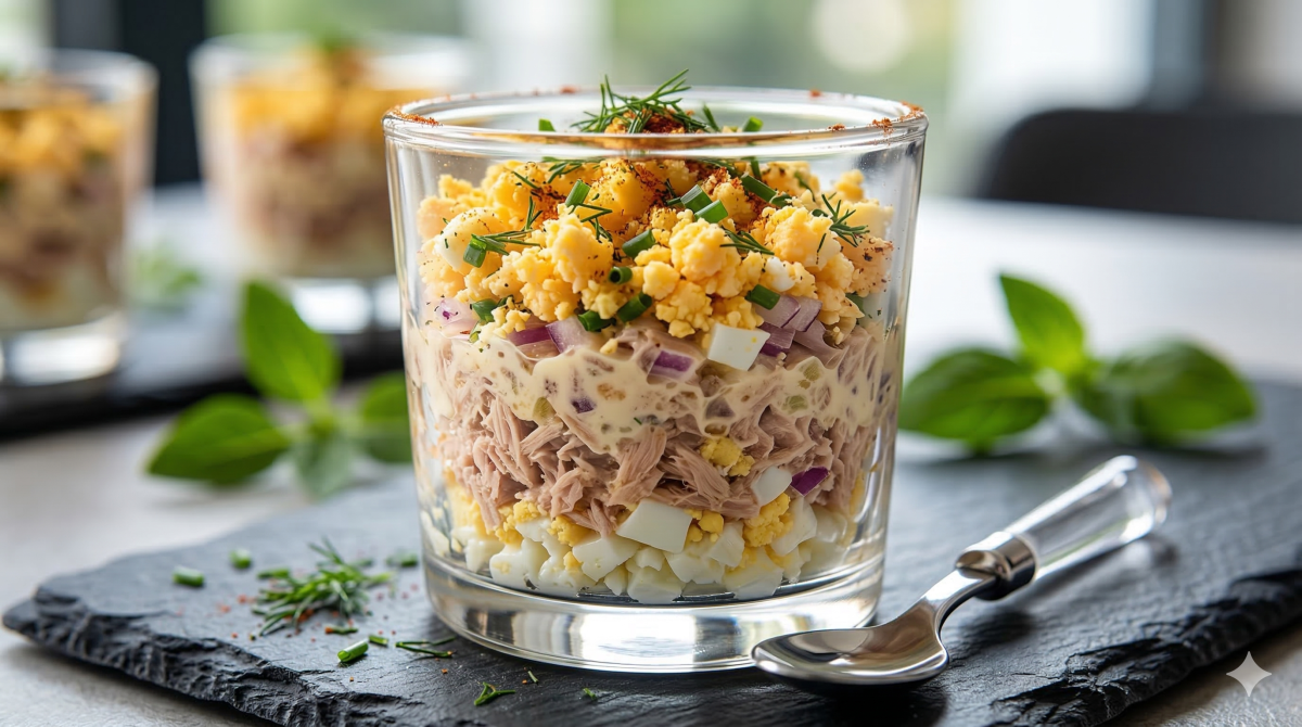 Verrines de thon aux œufs mimosa et mayonnaise : une entrée fraîche et facile