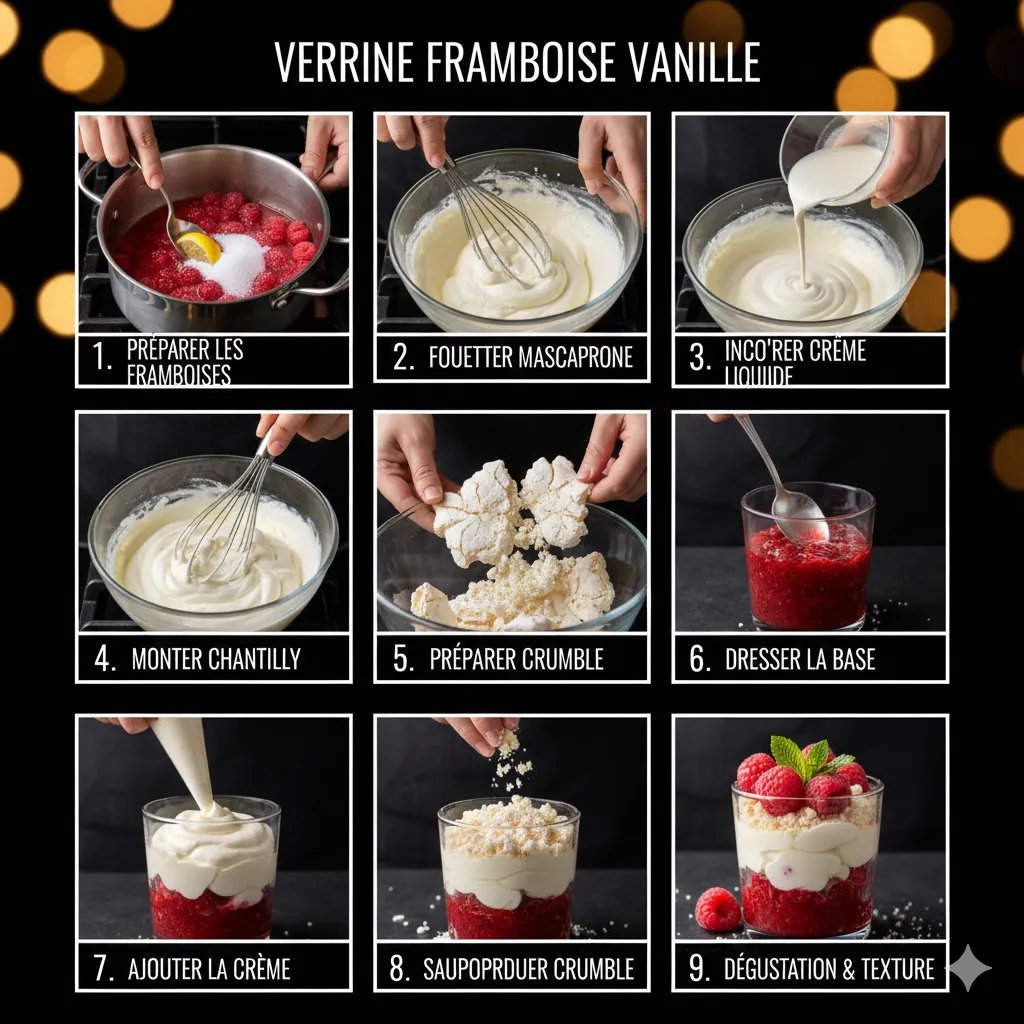 Découvrez ces verrines framboise, mascarpone et meringue, une recette simple et élégante, parfaite pour un dessert léger et fruité.