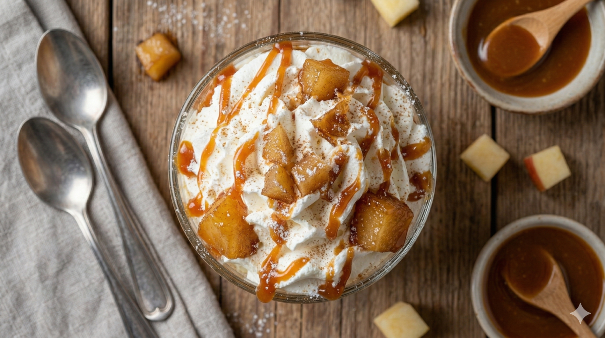 Vue de dessus d'un bol de dessert aux pommes, caramel et chantilly